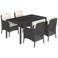 vidaXL 5 Piece Patio Dining Set with Cushions Black Poly Rattan