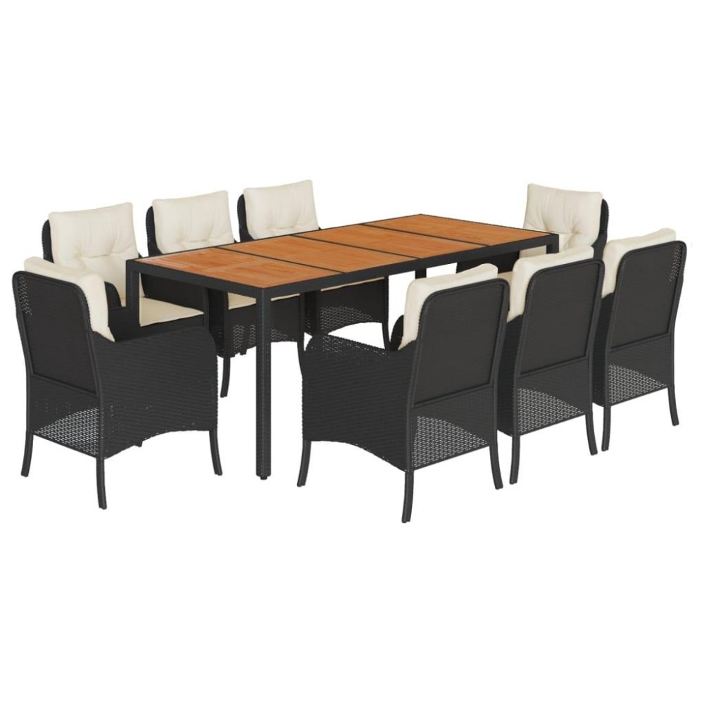 vidaXL 9 Piece Patio Dining Set with Cushions Black Poly Rattan