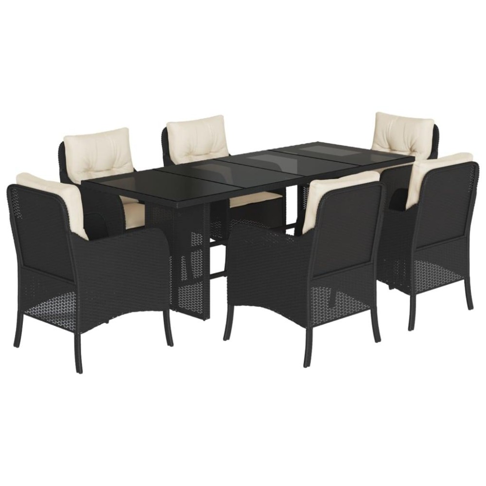 vidaXL 7 Piece Patio Dining Set with Cushions Black Poly Rattan