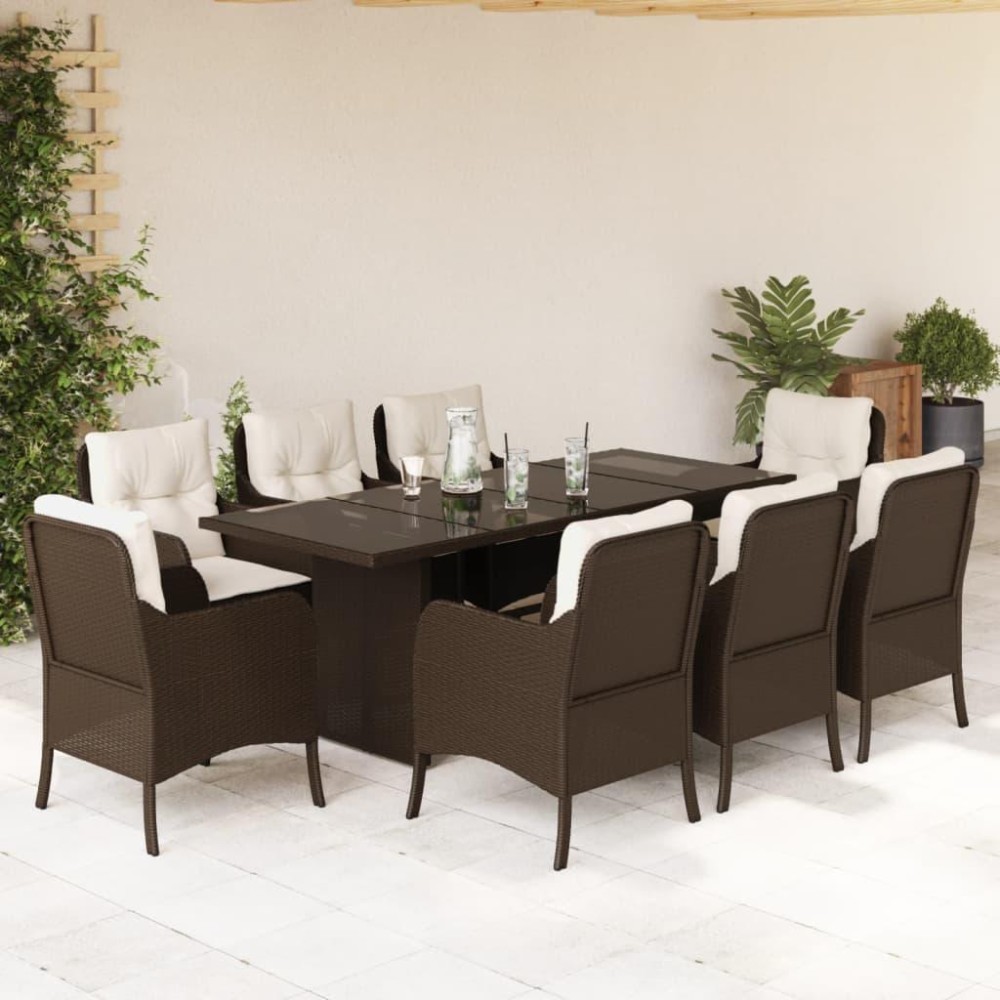 vidaXL 9 Piece Patio Dining Set with Cushions Brown Poly Rattan