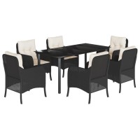 vidaXL 7 Piece Patio Dining Set with Cushions Black Poly Rattan