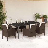 vidaXL 7 Piece Patio Dining Set with Cushions Brown Poly Rattan