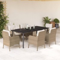 vidaXL 7 Piece Patio Dining Set with Cushions Beige Poly Rattan