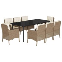 vidaXL 9 Piece Patio Dining Set with Cushions Beige Poly Rattan