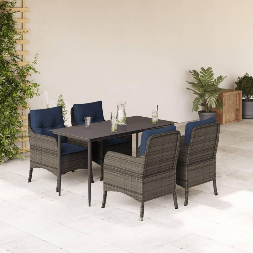 vidaXL 5 Piece Patio Dining Set with Cushions Gray Poly Rattan