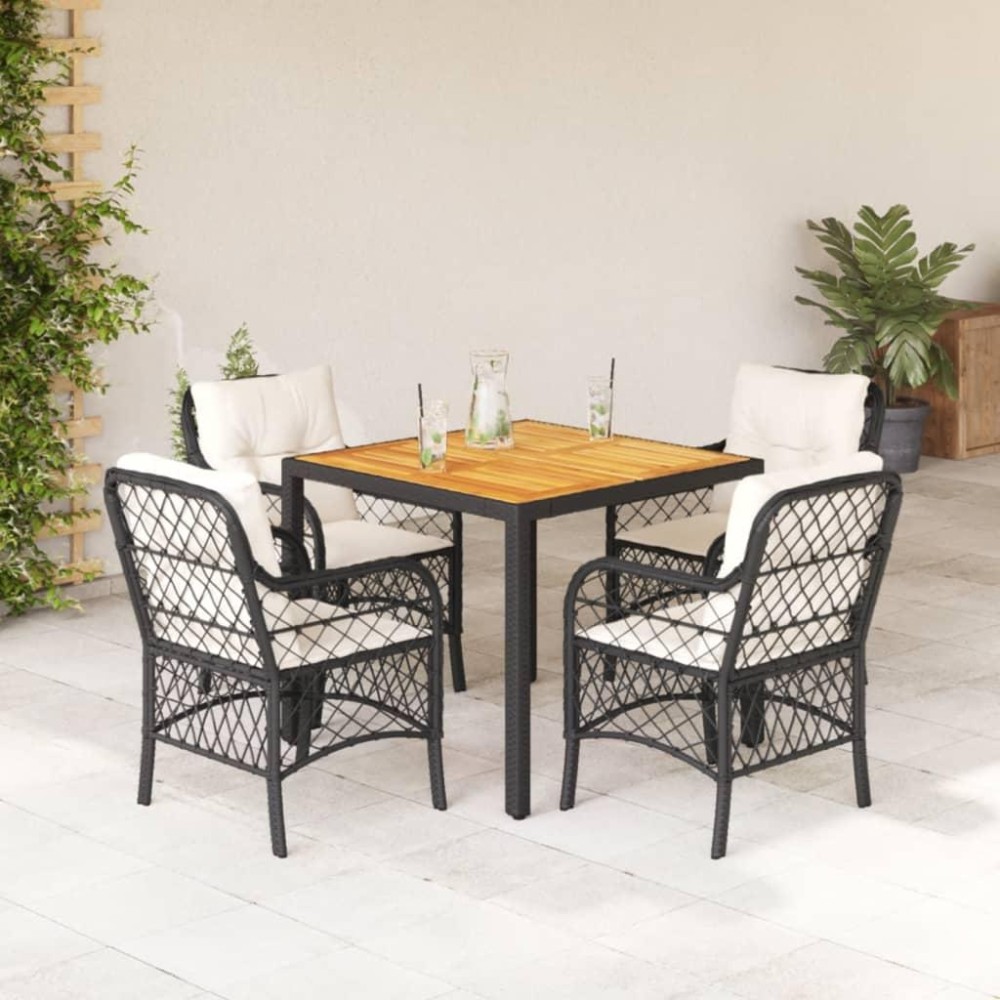 vidaXL 5 Piece Patio Dining Set with Cushions Black Poly Rattan