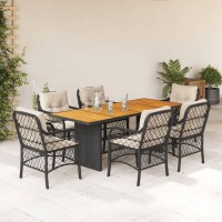 vidaXL 7 Piece Patio Dining Set with Cushions Black Poly Rattan