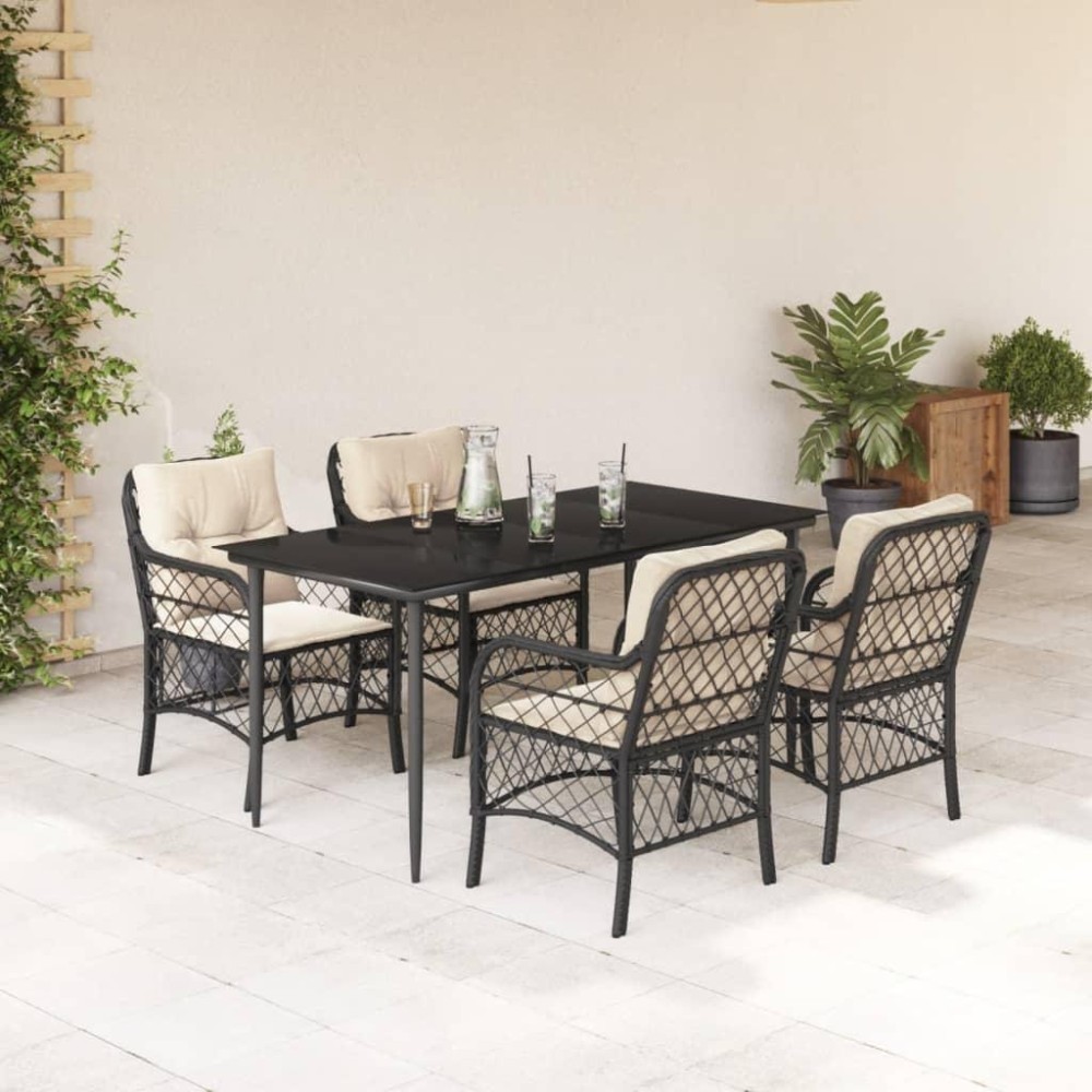 vidaXL 5 Piece Patio Dining Set with Cushions Black Poly Rattan