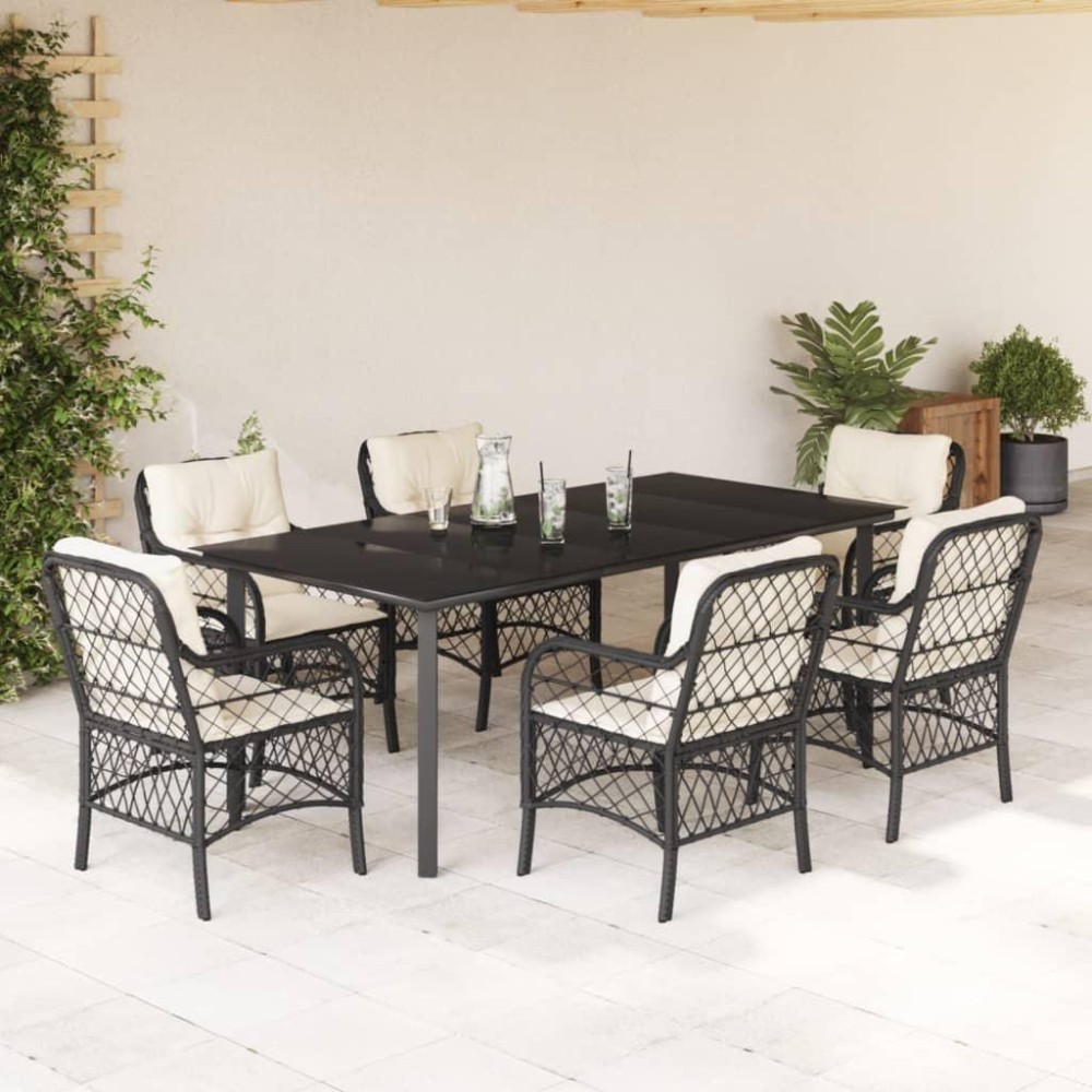 vidaXL 7 Piece Patio Dining Set with Cushions Black Poly Rattan