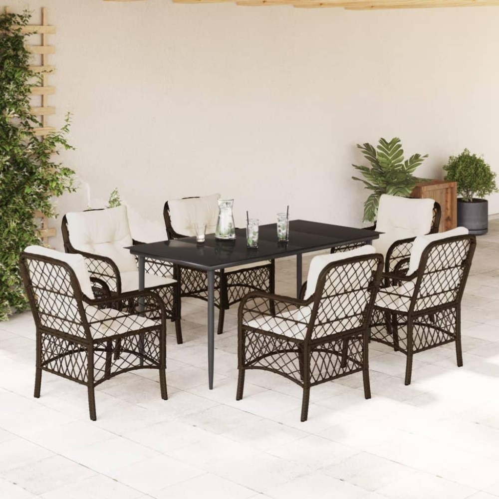 vidaXL 7 Piece Patio Dining Set with Cushions Brown Poly Rattan