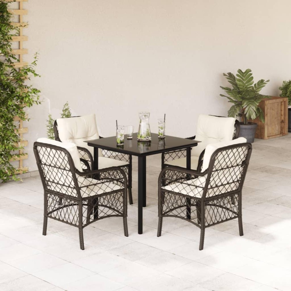 vidaXL 5 Piece Patio Dining Set with Cushions Brown Poly Rattan