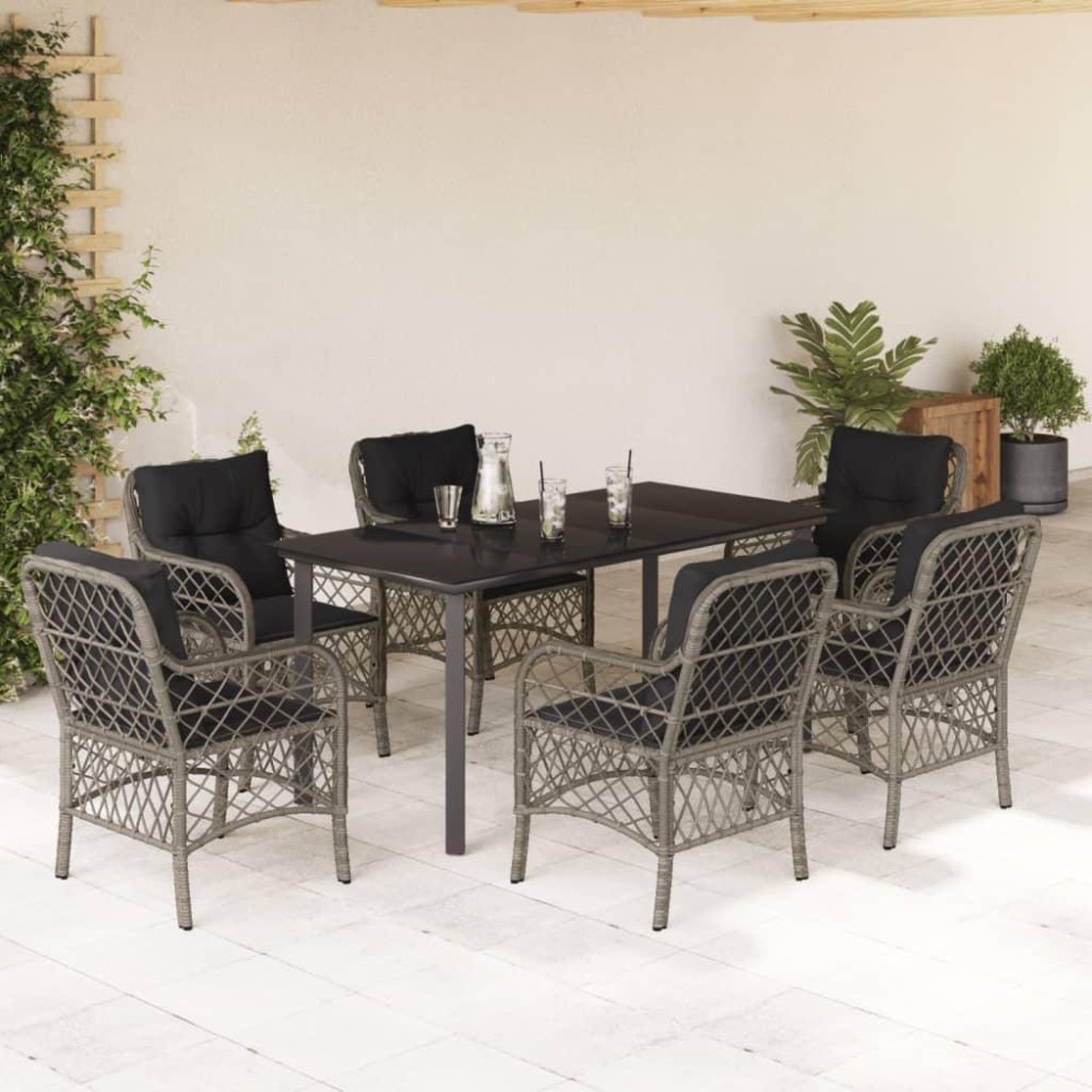 vidaXL 7 Piece Patio Dining Set with Cushions Gray Poly Rattan