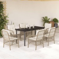 vidaXL 7 Piece Patio Dining Set with Cushions Beige Poly Rattan