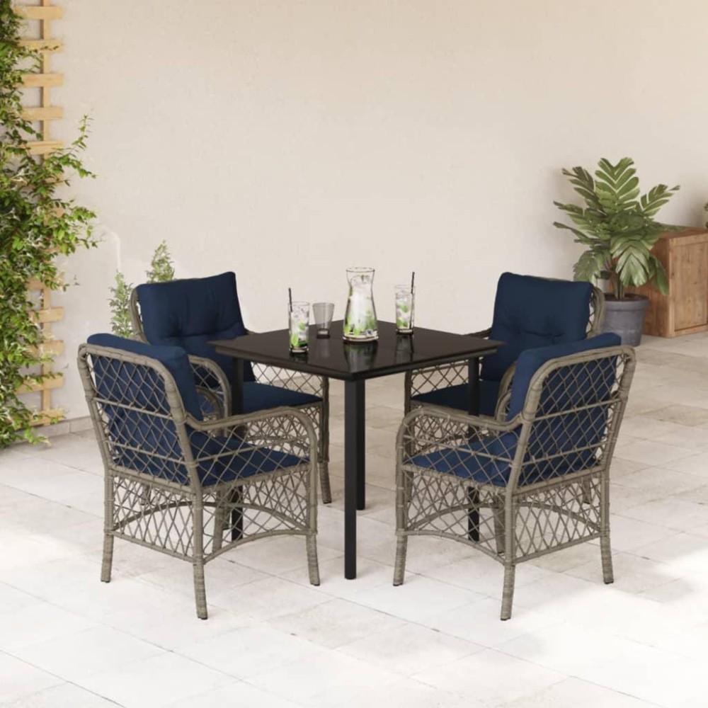 vidaXL 5 Piece Patio Dining Set with Cushions Gray Poly Rattan