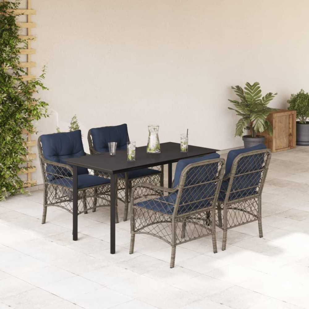 vidaXL 5 Piece Patio Dining Set with Cushions Gray Poly Rattan