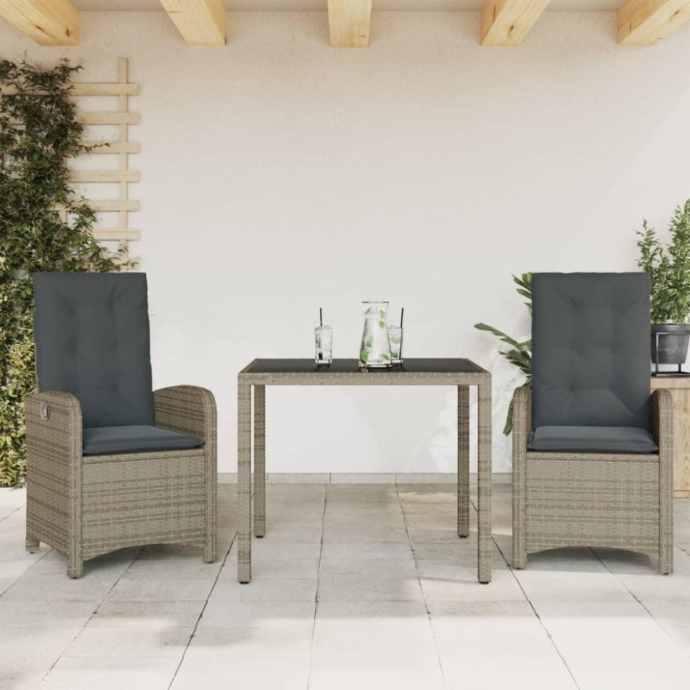 vidaXL 3 Piece Patio Dining Set with Cushions Gray Poly Rattan