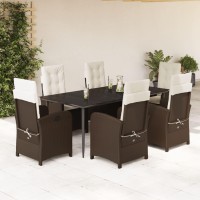 vidaXL 7 Piece Patio Dining Set with Cushions Brown Poly Rattan