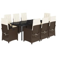 vidaXL 9 Piece Patio Dining Set with Cushions Brown Poly Rattan