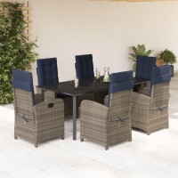 vidaXL 7 Piece Patio Dining Set with Cushions Gray Poly Rattan