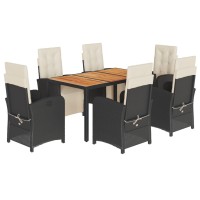 vidaXL 7 Piece Patio Dining Set with Cushions Black Poly Rattan