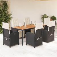 vidaXL 7 Piece Patio Dining Set with Cushions Black Poly Rattan