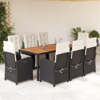 vidaXL 9 Piece Patio Dining Set with Cushions Black Poly Rattan