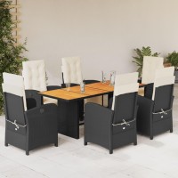 vidaXL 7 Piece Patio Dining Set with Cushions Black Poly Rattan