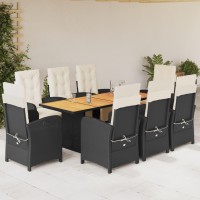 vidaXL 9 Piece Patio Dining Set with Cushions Black Poly Rattan