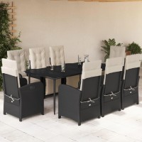 vidaXL 9 Piece Patio Dining Set with Cushions Black Poly Rattan