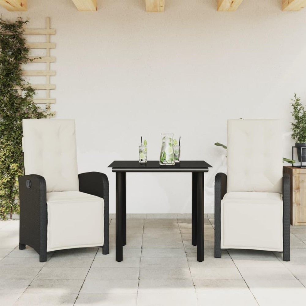 vidaXL 3 Piece Bistro Set with Cushions Black Poly Rattan