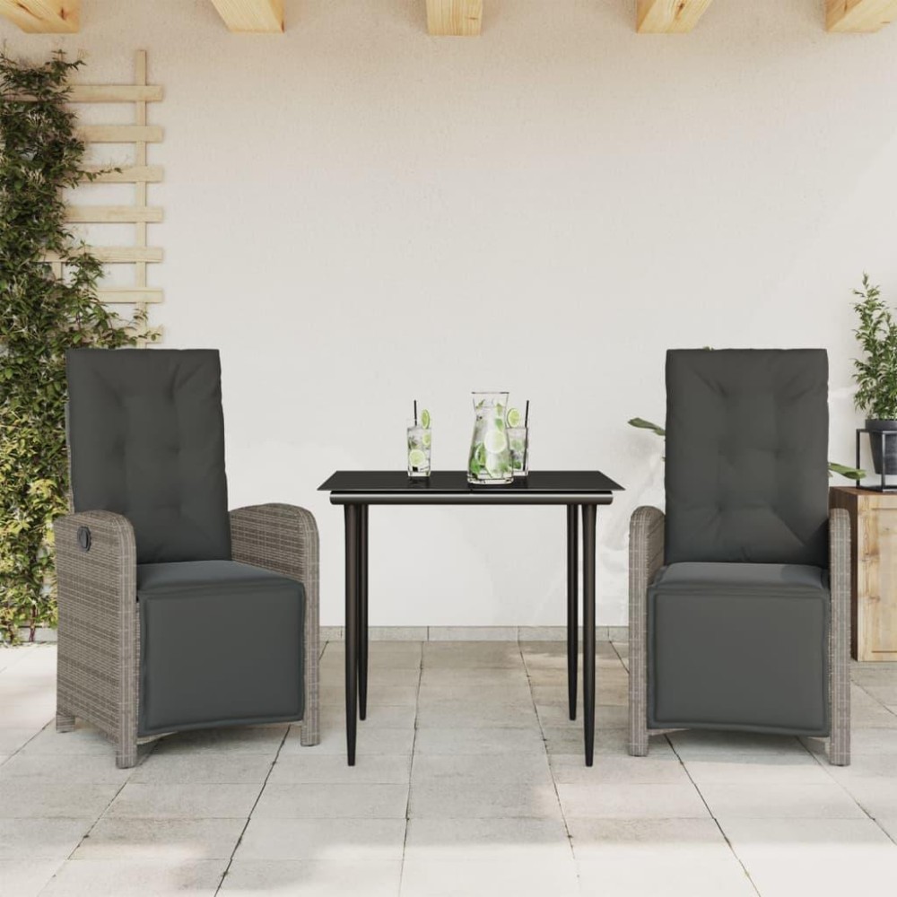 vidaXL 3 Piece Bistro Set with Cushions Gray Poly Rattan