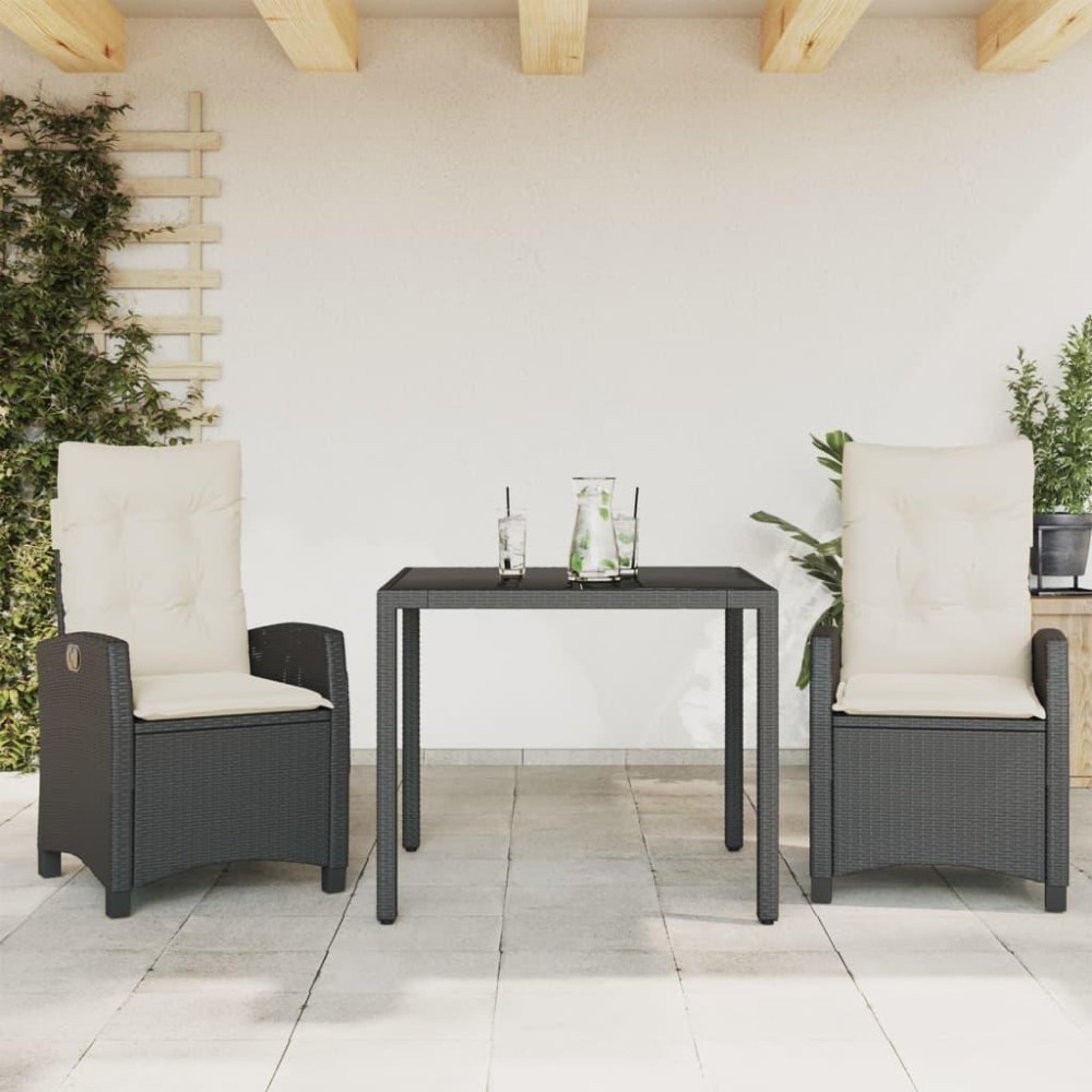 vidaXL 3 Piece Patio Dining Set with Cushions Black Poly Rattan