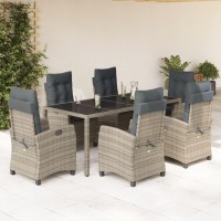 vidaXL 7 Piece Patio Dining Set with Cushions Gray Poly Rattan