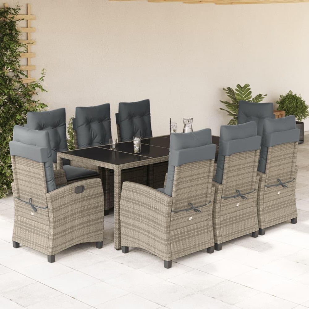 vidaXL 9 Piece Patio Dining Set with Cushions Gray Poly Rattan