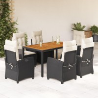 vidaXL 7 Piece Patio Dining Set with Cushions Black Poly Rattan