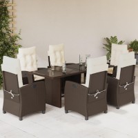 vidaXL 7 Piece Patio Dining Set with Cushions Brown Poly Rattan