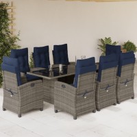 vidaXL 9 Piece Patio Dining Set with Cushions Gray Poly Rattan