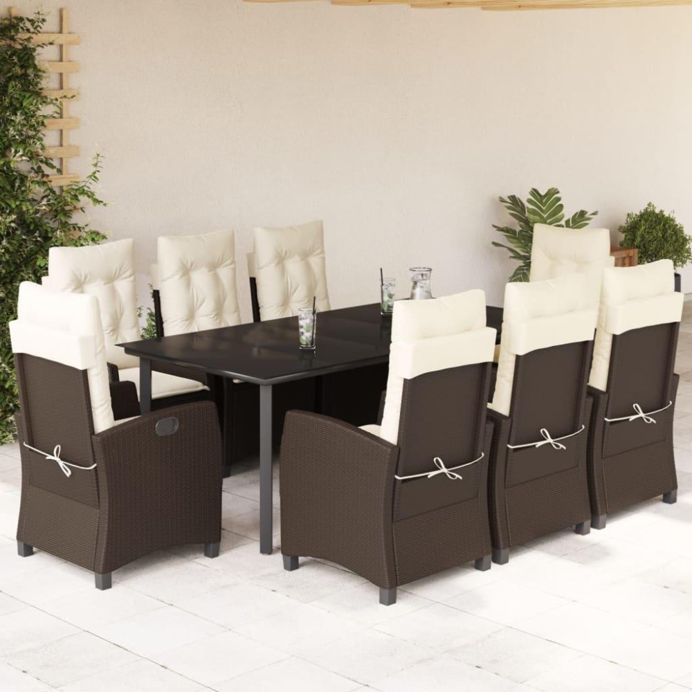 vidaXL 9 Piece Patio Dining Set with Cushions Brown Poly Rattan