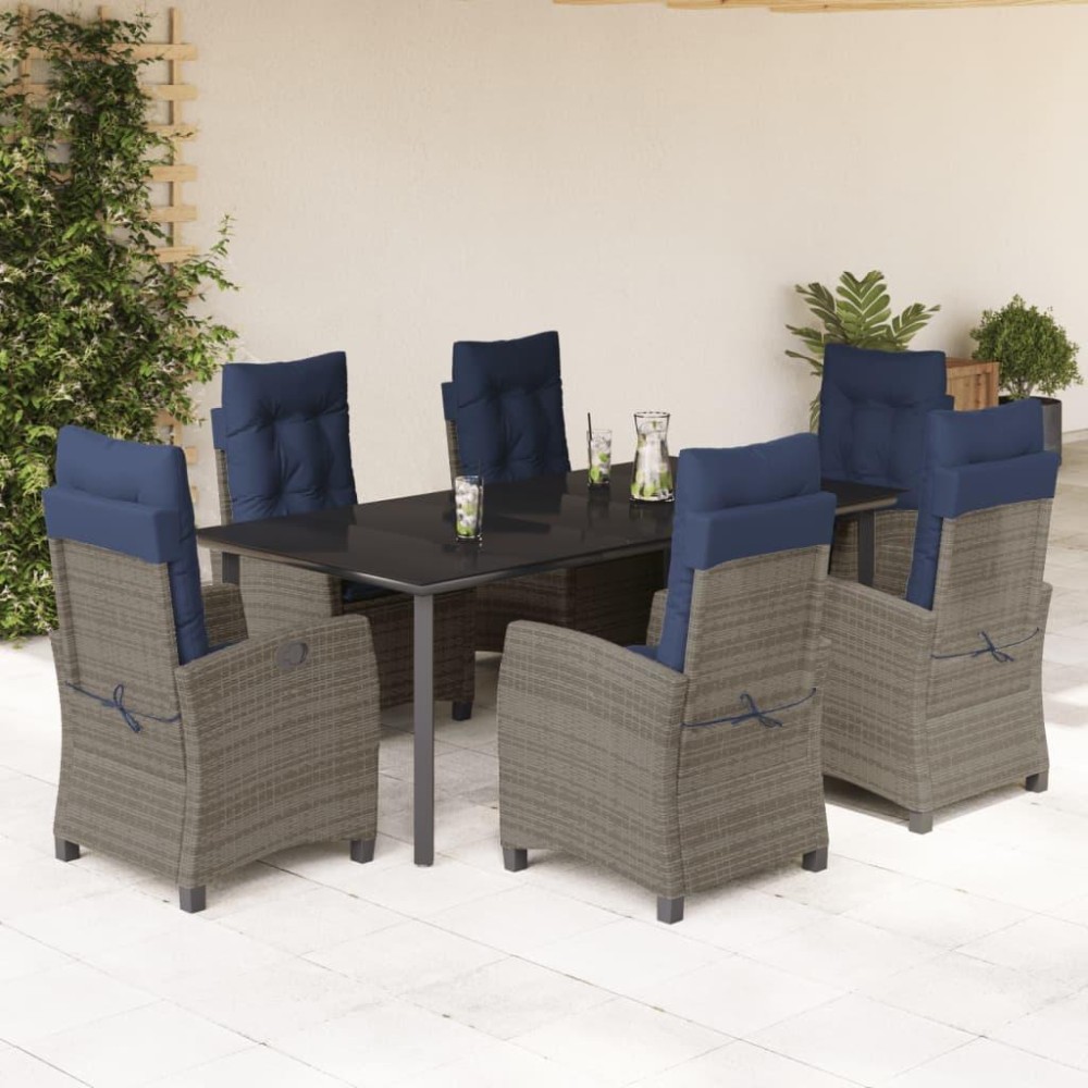 vidaXL 7 Piece Patio Dining Set with Cushions Gray Poly Rattan