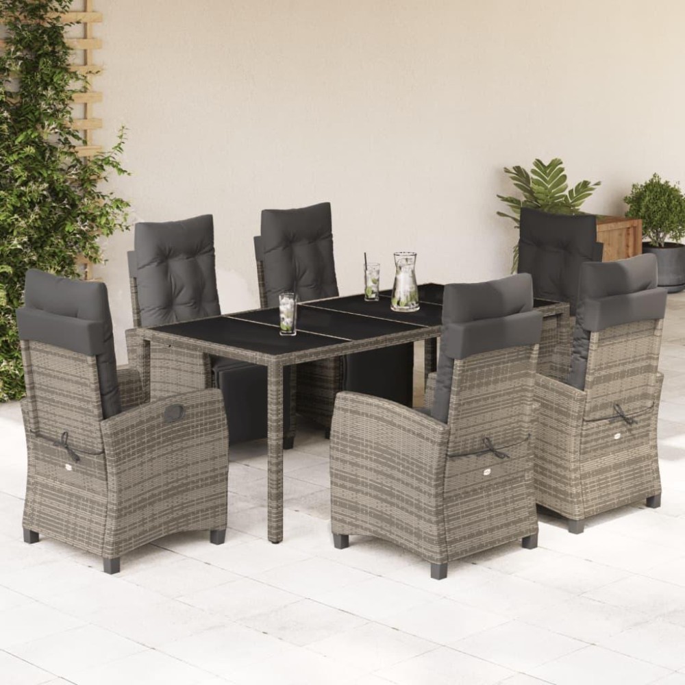 vidaXL 7 Piece Patio Dining Set with Cushions Gray Poly Rattan