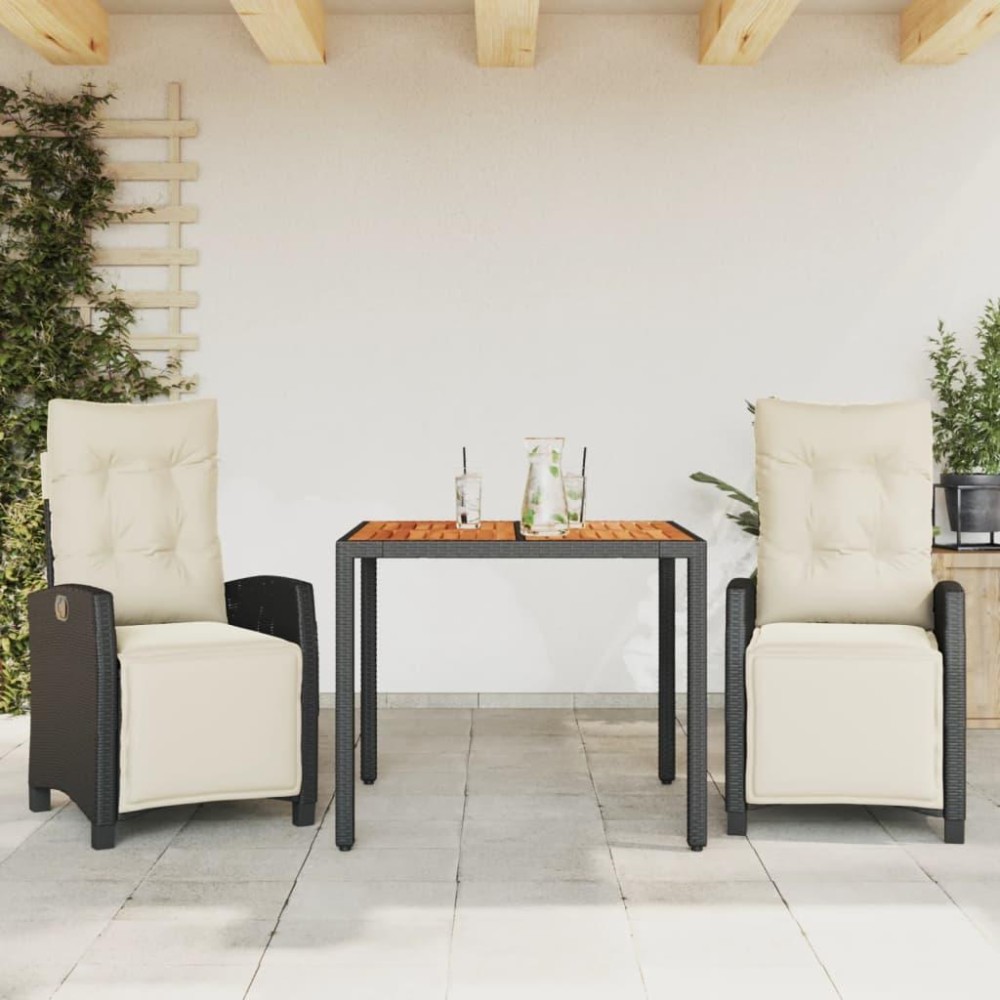 vidaXL 3 Piece Patio Dining Set with Cushions Black Poly Rattan