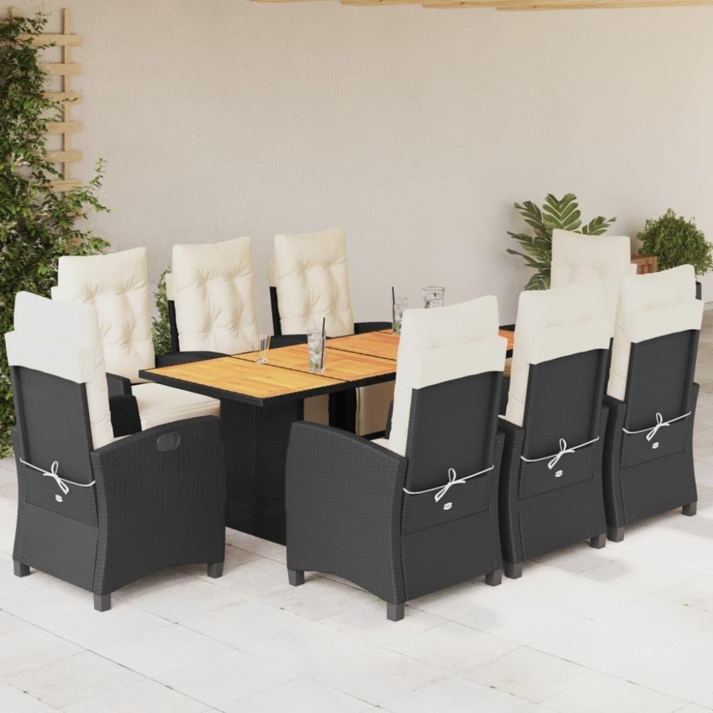 vidaXL 9 Piece Patio Dining Set with Cushions Black Poly Rattan