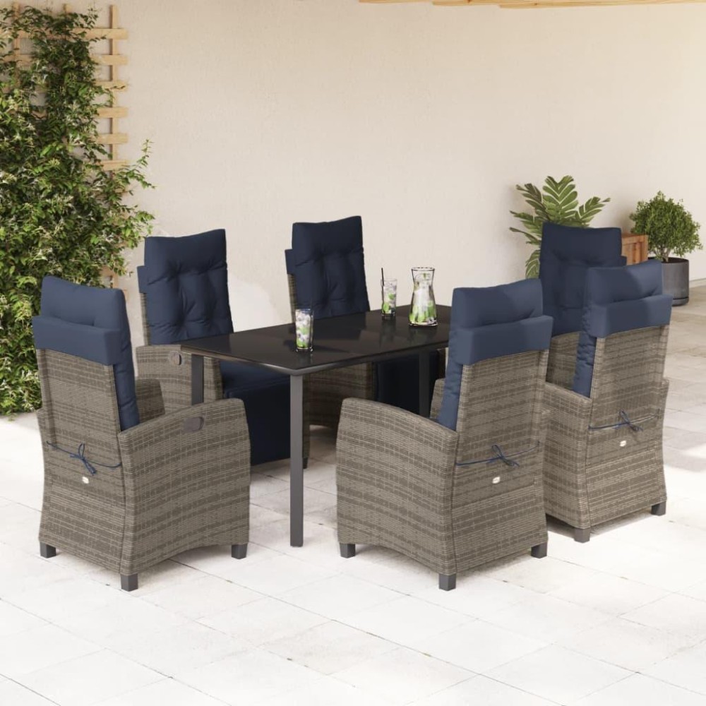 vidaXL 7 Piece Patio Dining Set with Cushions Gray Poly Rattan