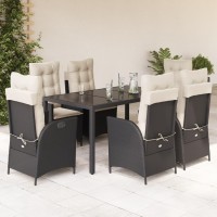 vidaXL 7 Piece Patio Dining Set with Cushions Black Poly Rattan