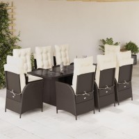 vidaXL 9 Piece Patio Dining Set with Cushions Brown Poly Rattan