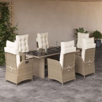 vidaXL 7 Piece Patio Dining Set with Cushions Beige Poly Rattan