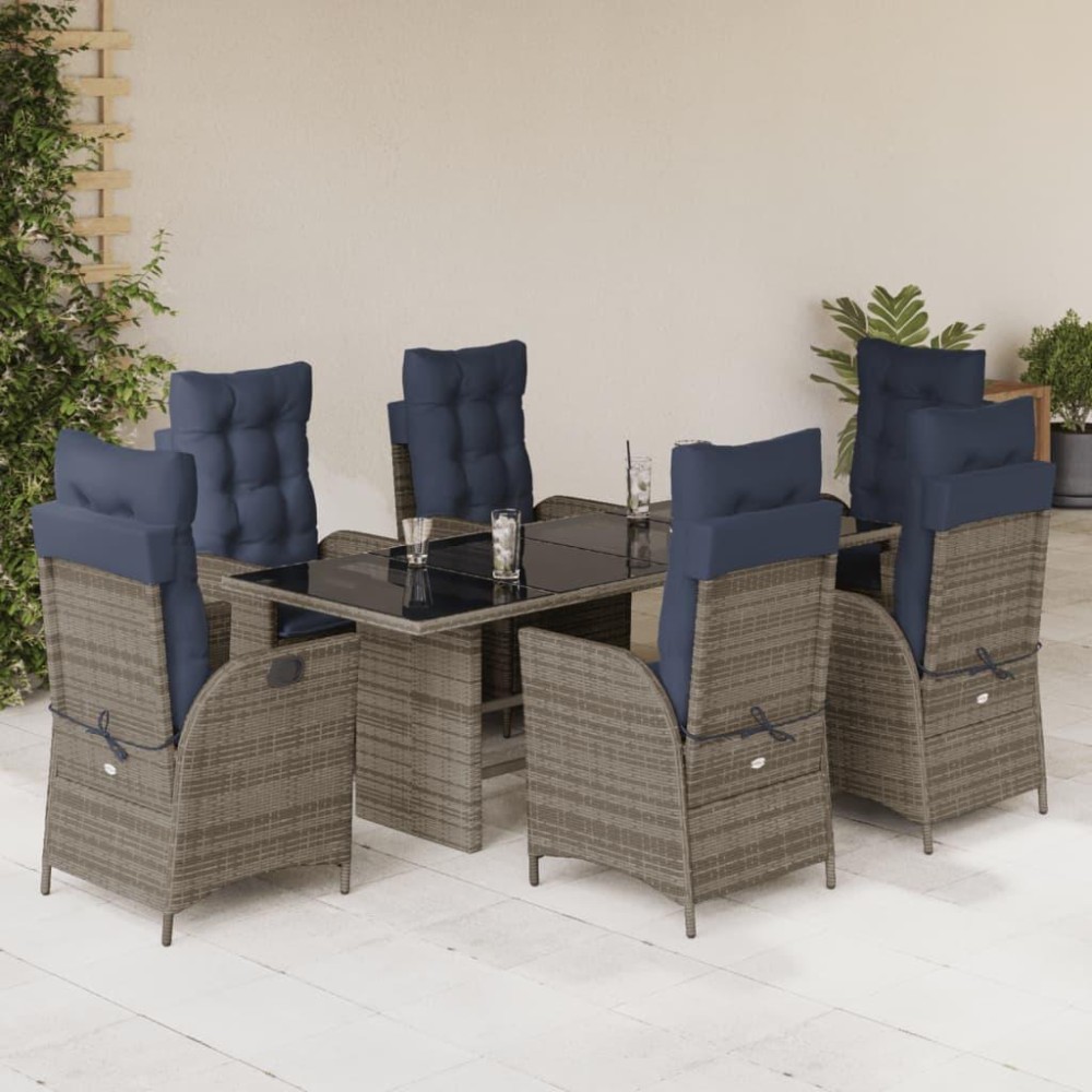 vidaXL 7 Piece Patio Dining Set with Cushions Gray Poly Rattan