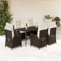 vidaXL 7 Piece Patio Dining Set with Cushions Brown Poly Rattan