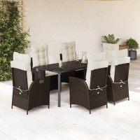 vidaXL 7 Piece Patio Dining Set with Cushions Brown Poly Rattan