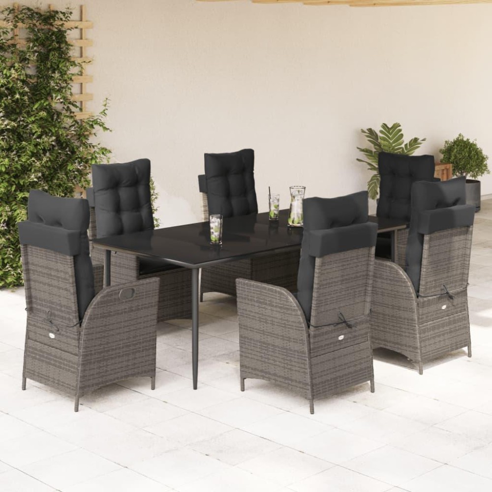 vidaXL 7 Piece Patio Dining Set with Cushions Gray Poly Rattan